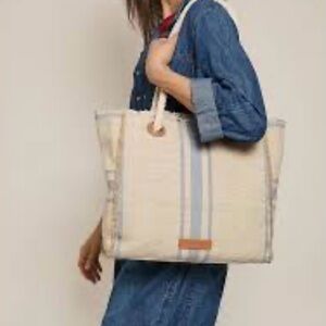 Striped Beige Rope-Handle Tote with Matching Wristlet